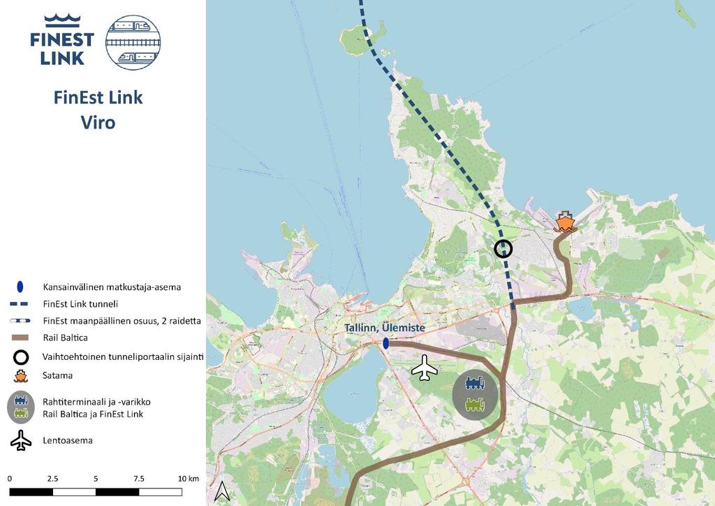Kuva 3. FinEst Linkin linjaus ja matkustaja-asema sekä terminaalit Virossa. Merialueella suunniteltu linjaus kulkee matalien vesialueiden, Tallinnamadal ja Uppoluoto, kautta.
