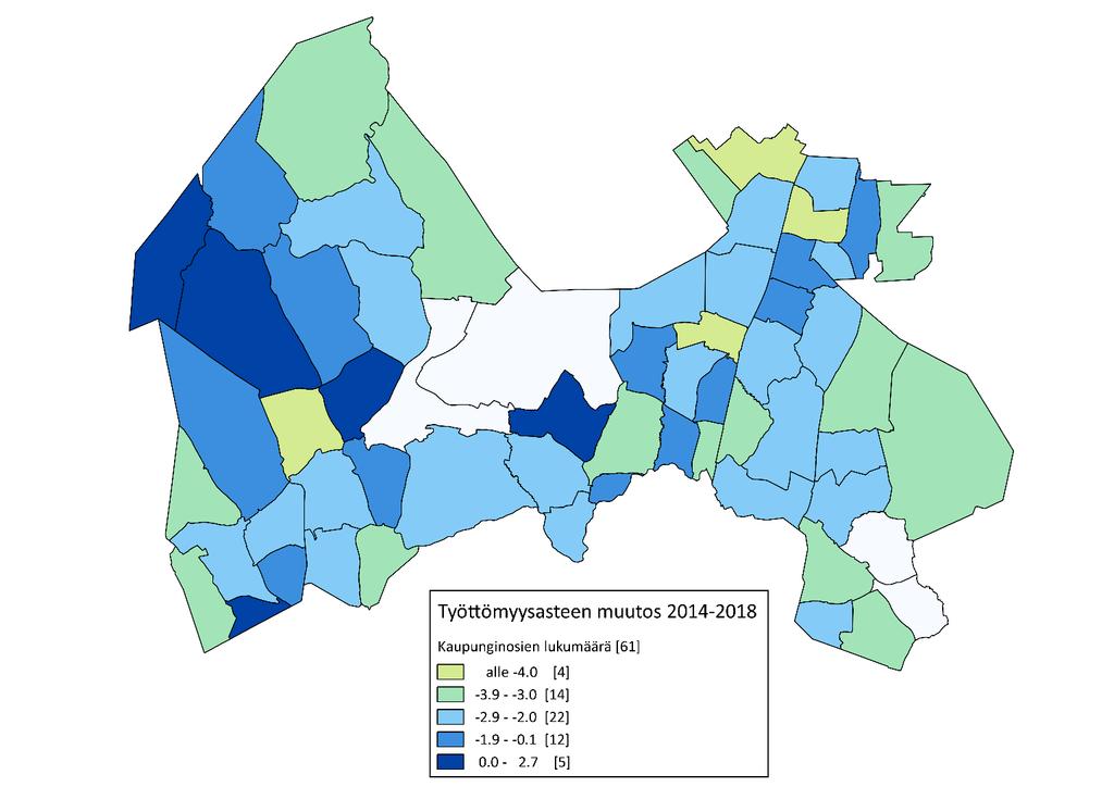 4 Työttömyys väheni vuoden 2018 aikana lähes kaikissa kaupunginosissa.