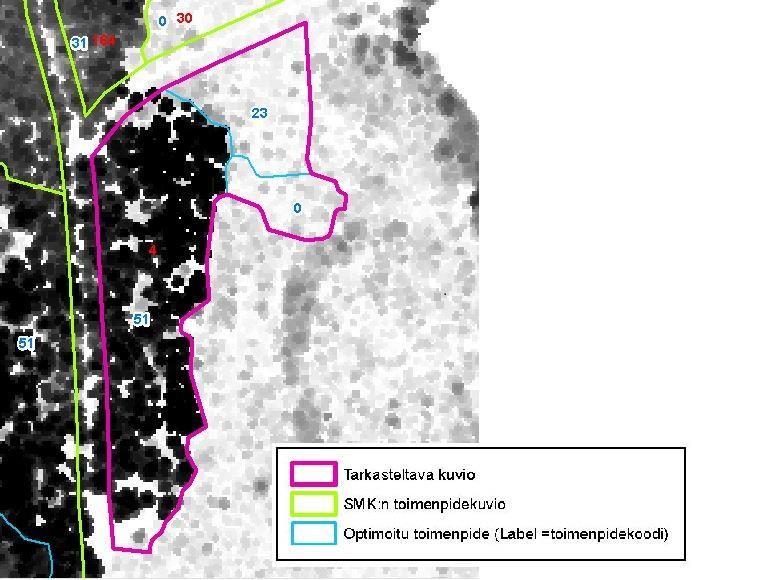Nuori puusto yhdistetty päätehakkuu metsää. Kuviosta erotettava omaksi kuvioiksi nuoren metsäosuus (toimenpide 23+0). Optimoitu päätoimenpide kuviolle on uudistushakkuu 1-5 v.