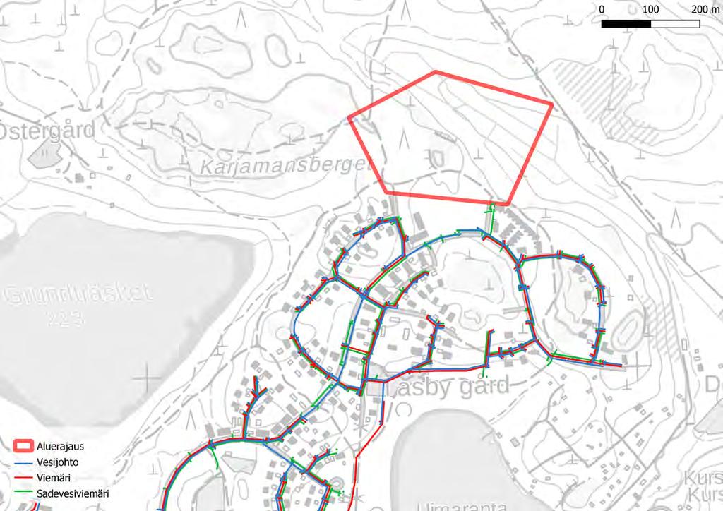 3.1.4 Vesi- ja viemäriverkosto Alueen kunnallistekniset verkostot on esitetty kartalla (Kuva 18). 3.1.5 Maanomistus Suunnittelualue on Sipoon kunnan omistuksessa. 3.1.6 Aluetta koskevat sopimukset Alueelle ei ole tarpeen laatia sopimuksia 3.