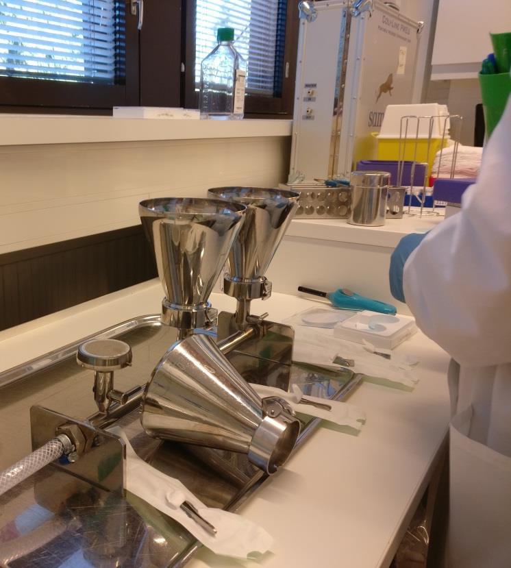 Näytteiden esikäsittely Näytteenotto ja kuljetus laboratorioon viileässä DEUF-patruunan purku DEUF-kontrollit DEUF-eluointiliuoksen ja/tai pullonäytteen suodatus 0,4 µm polykarbonaattisuodattimelle