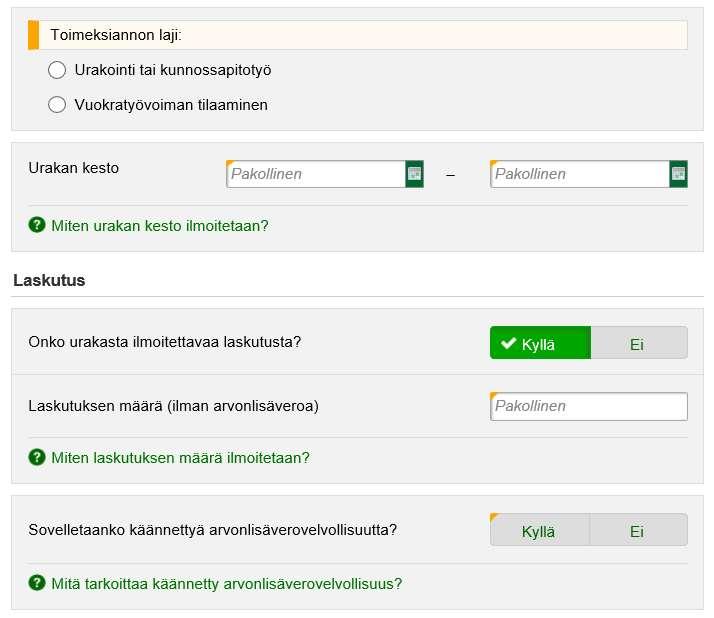 Urakasta ilmoitettavat tiedot toimeksiannon laji urakan kesto