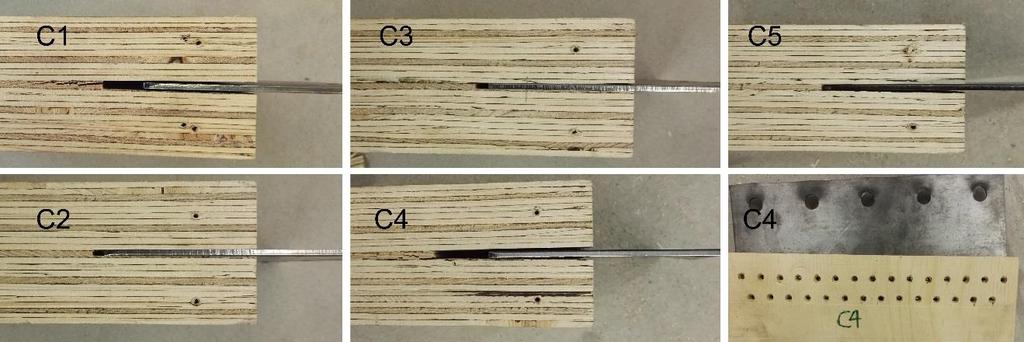 67 (96) C -koesarja C -sarjassa (kuva 52) LVL -koekappaleiden puunsyyt ovat vedon suuntaan valtaosassa viilukerroksista ja LVL :n ja teräslevyn välinen liitos on toteutettu 29 ruuvilla, jotka ovat