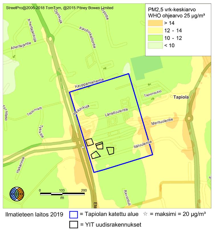 19 Kuva 15. Pienhiukkasten (PM2.5) WHO:n vuorokausiohjearvoon verrannolliset pitoisuudet (µg/m³) teiden tason hengityskorkeudella.