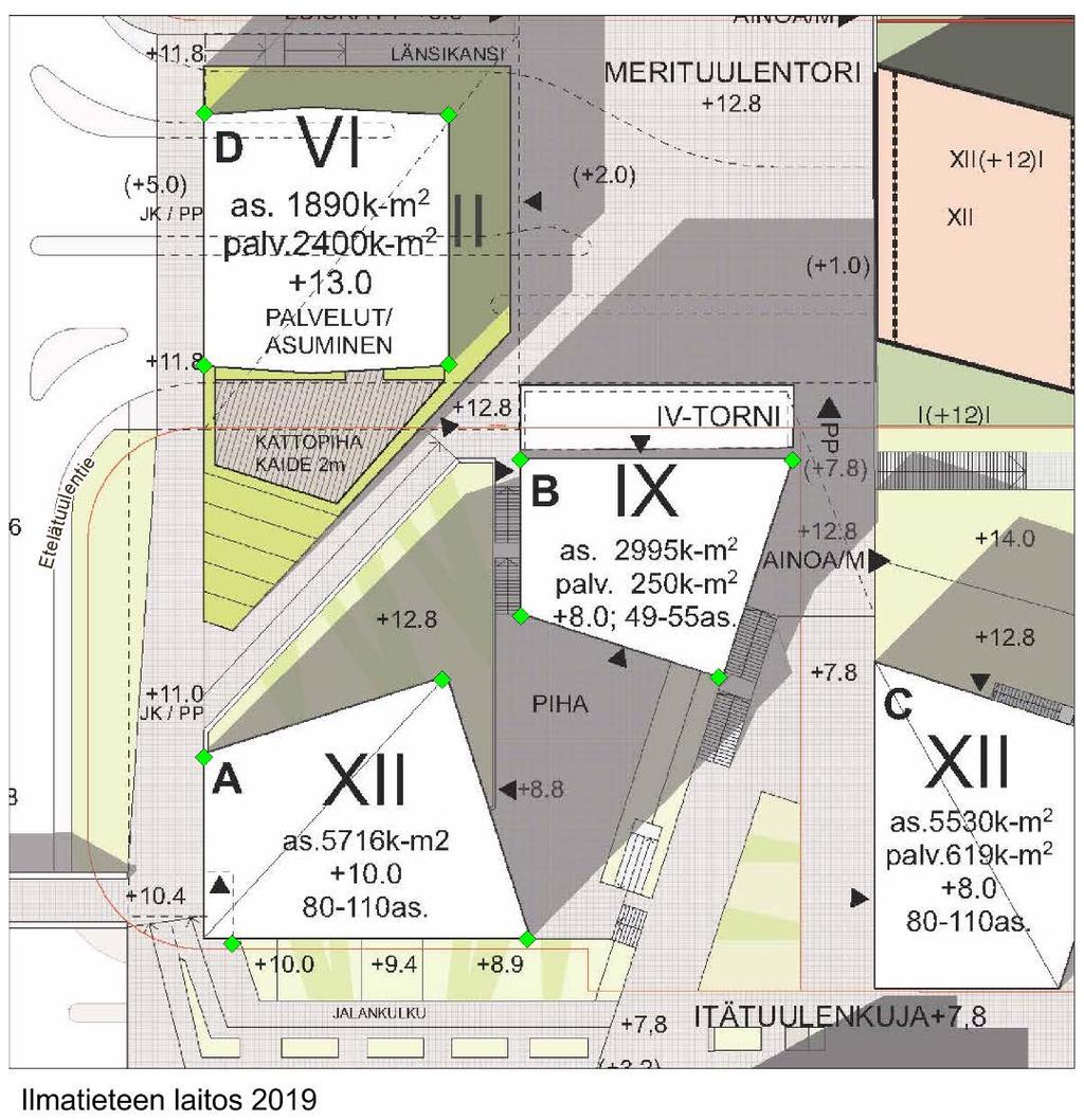 8 Kuva 3. Erillistarkastelupisteet (vihreät neliöt) rakennusten parvekkeiden kohdilla eri korkeuksilla (Cederqvist & Jäntti Arkkitehdit) 2.