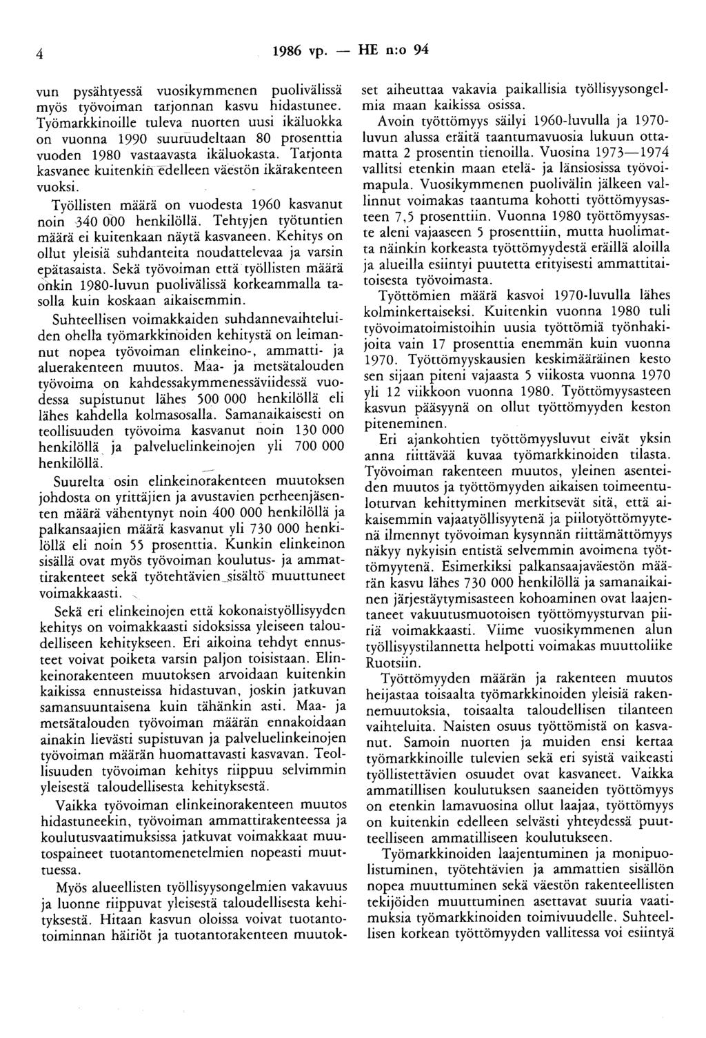 4 1986 vp. - HE n:o 94 vun pysähtyessä vuosikymmenen puolivälissä myös työvoiman tarjonnan kasvu hidastunee.