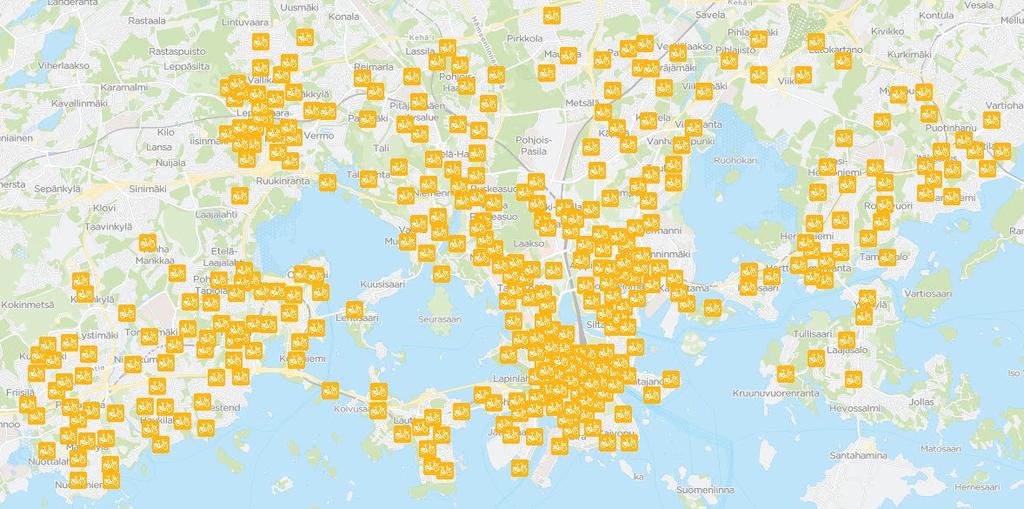 Helsingin ja Espoon kaupunkipyörät 241 asemaa Helsingissä 107 asemaa Espoossa Yhteensä 348 asemaa ja 3