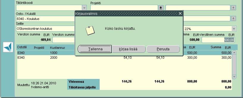20(36) Ohjelma ilmoittaa, kun laskun kirjaus on valmis.