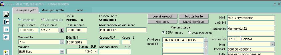 Tallennuksen jälkeen aktivoituu BIC-kentän viereinen Maksa heti -painike, jolla lasku on mahdollista maksattaa