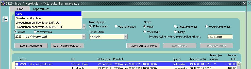 Visma Fivaldin Java-puolen Maksatus-sovellus avataan ostoreskontran (Ostot > Ostoreskontra) ylävalikosta, Ostoreskontra > Maksatus. 5.6.1 Erät-välilehden kuvaus Maksatus avautuu Erät-välilehdelle.