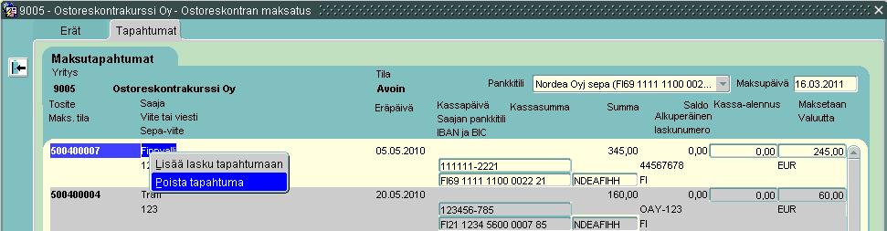 31(36) 5.6.4 Laskukohtaiset toiminnot Laskukohtaiset toiminnot saadaan esiin maksatukset Tapahtumat-välilehdellä painamalla valitun laskun kohdalla hiiren kakkospainiketta.