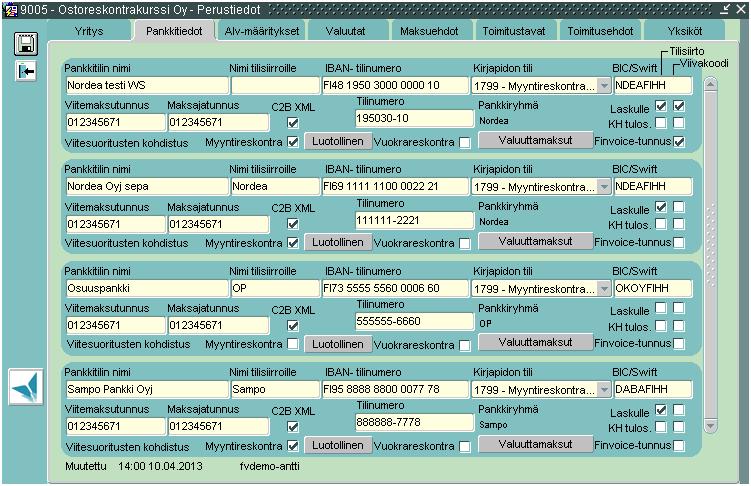 5(36) 2.2 Pankkitiedot Reskontrien käytössä olevat pankkitiedot ja maksajatunnus on määritelty Pankkitiedotvälilehdellä.