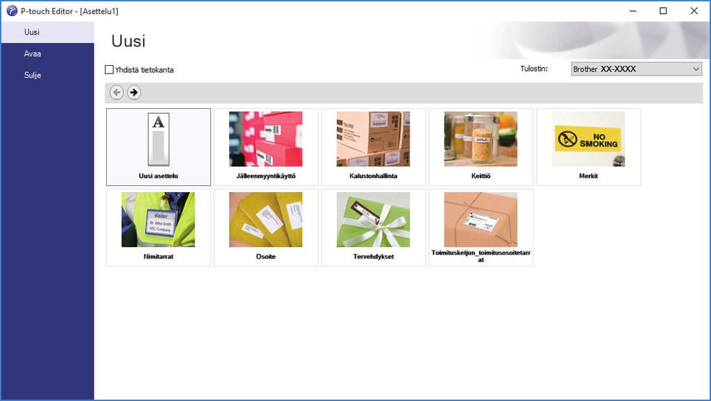 Koti > Tarrojen luominen ja tulostaminen käyttäen tietokonetta > Tarrojen luonti P-touch Editorin avulla (Windows) Tarrojen luonti P-touch Editorin avulla (Windows) Jos haluat käyttää tulostintasi