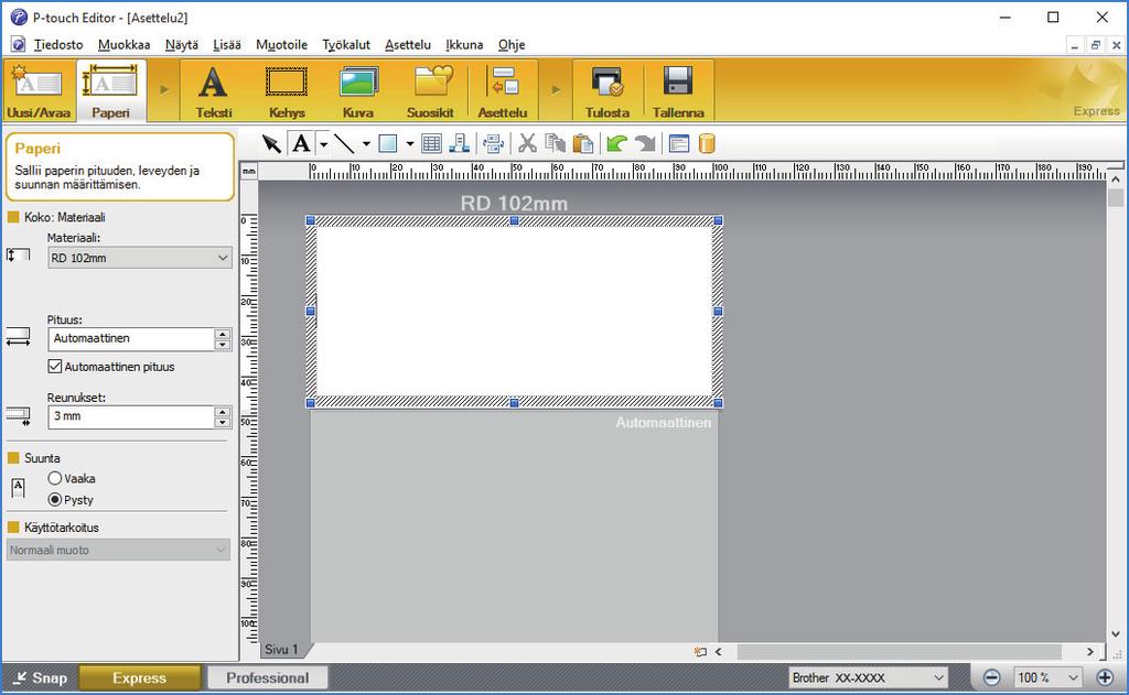 Koti > Tarrojen luominen ja tulostaminen käyttäen tietokonetta > Tarrojen luonti P-touch Editorin avulla (Windows) > P-touch Editorin Express-tilan pääikkuna (Windows) P-touch Editorin Express-tilan