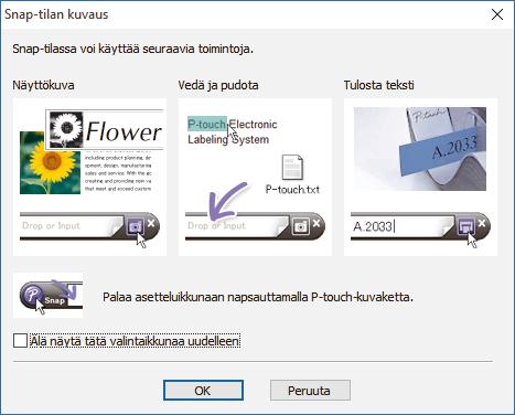 Koti > Tarrojen luominen ja tulostaminen käyttäen tietokonetta > Tarrojen luonti P-touch Editorin avulla (Windows) > P-touch Editorin Snap-tilan pääikkuna (Windows) P-touch