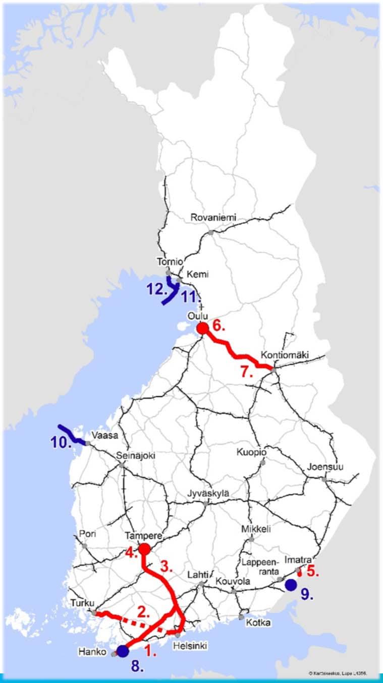 Merkittävimmät vuoden 2019 suunnittelukohteet radat ja vesiväylät RADAT 1. Hyvinkää-Hanko -rataosan sähköistys ja tasoristeysten poisto 2. Helsinki-Turku nopea ratayhteys 3.