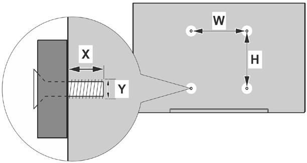 מ( ر A B C D Hole Pattern Sizes (mm) Length (X) VESA WALL MOUNT MEASUREMENTS W H 200 100 Screw Sizes min. (mm) 5 max.