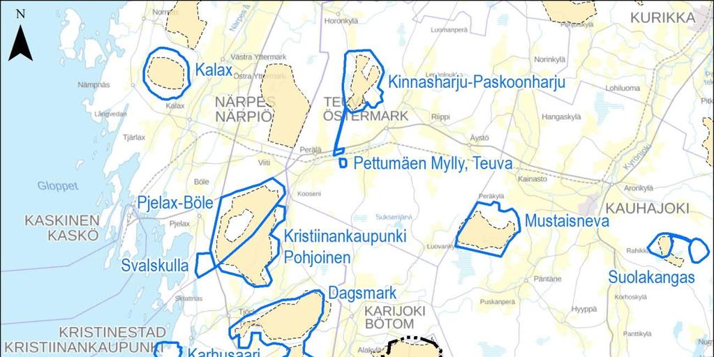 Kuva 2-5. Rajamäenkylän lähiympäristön tuulipuistohankkeet (sininen rajaus) sekä maakuntakaavoihin merkityt tuulivoima-alueet. 3 YMPÄRISTÖVAIKUTUSTEN ARVIOINTIMENETTELY 3.