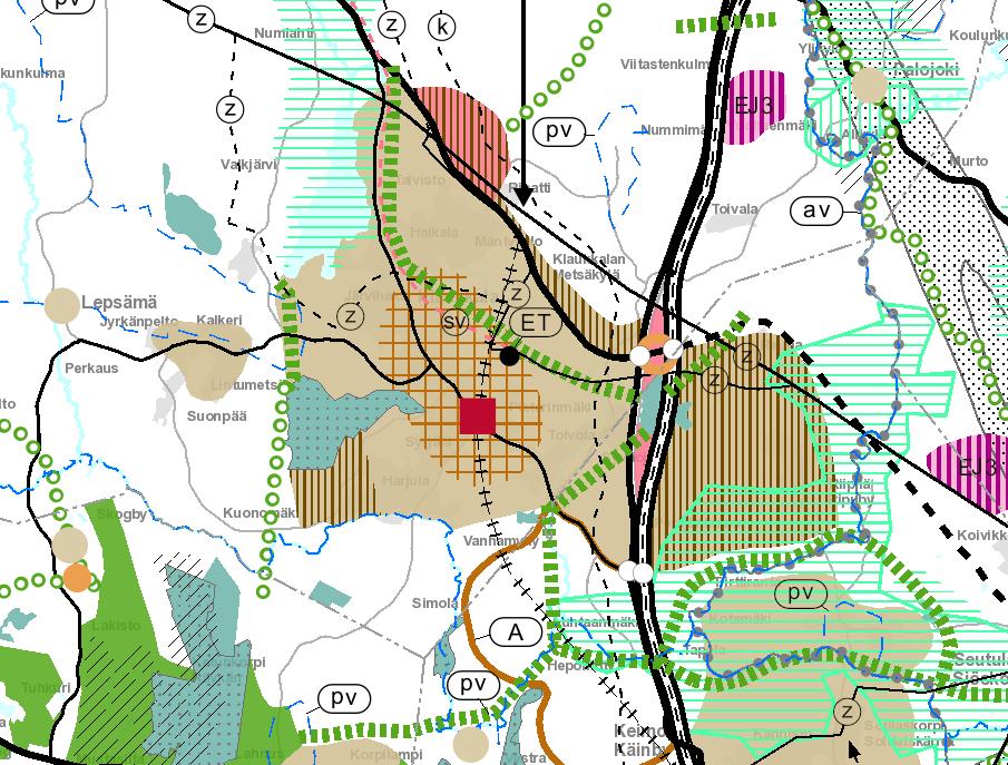 8/17 Kuva 5. Ote vahvistettujen maakuntakaavojen yhdistelmästä (23.5.2019). Punainen ympyrä osoittaa suunnittelualueen likimääräisen sijainnin.