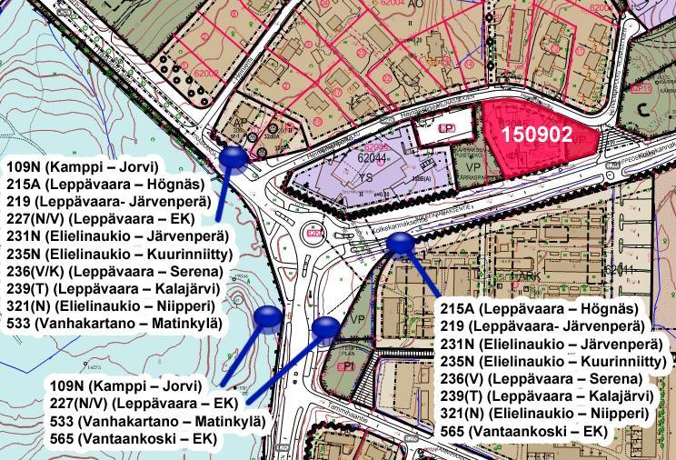 9 (19) Julkinen liikenne Suunnittelualueen läheisyydessä on neljä linja-autopysäkkiä. Pysäkkipari Lippajärventiellä, sekä yksi itään Kolkekannaksentiellä ja lähteen Träskändan puistotiellä.