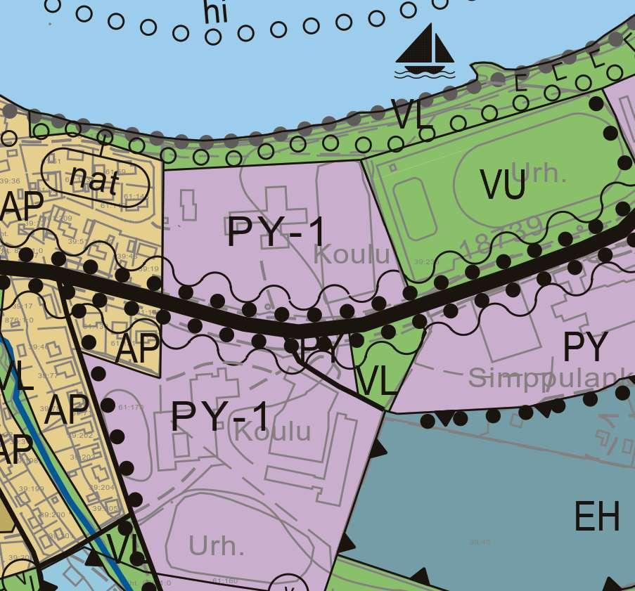 ~ 12 ~ 6.3.2.1 Osayleiskaava Haukiputaan kunnan kirkonkylän osayleiskaavassa 2020 alueelle on osoitettu merkinnät PY-1, julkisten palvelujen ja hallinnon alue, VU, urheilu- ja virkistyspalvelujen