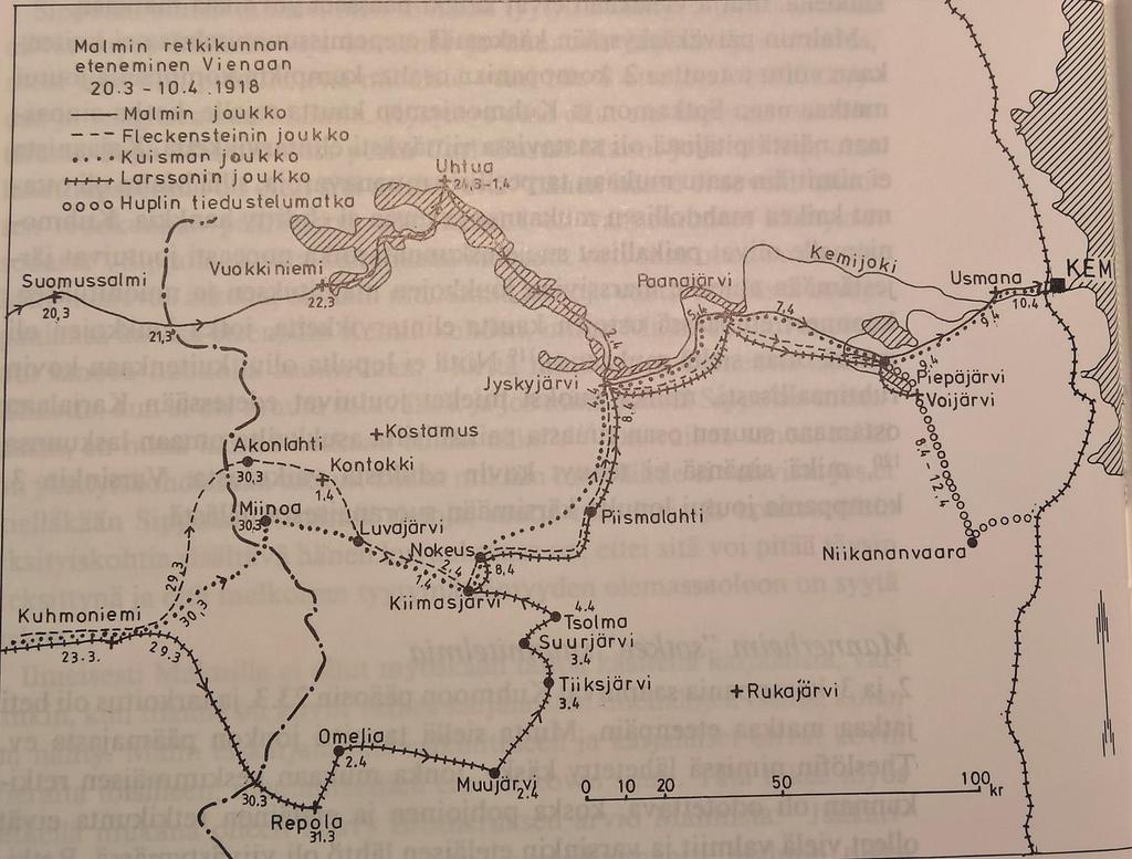 Rajan ylitys Raatteessa 21.3. Vuokkiniemi 22.3. Uhtua 24.