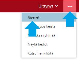 Henkilöiden lisääminen ryhmään tapahtuu menemällä selaimella ryhmän keskustelusivulle ja valitsemalla asetuksista Jäsenet.