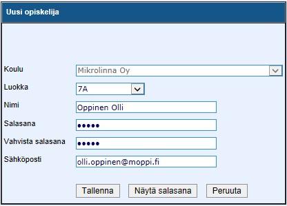 1 Uuden opiskelijan luonti Voit luoda uusia opiskelijoita näpäyttämällä Uusi opiskelija -painiketta. Valitse Uusi opiskelija lomakkeella luokkavetovalikosta mille luokalle lisäät opiskelijan.