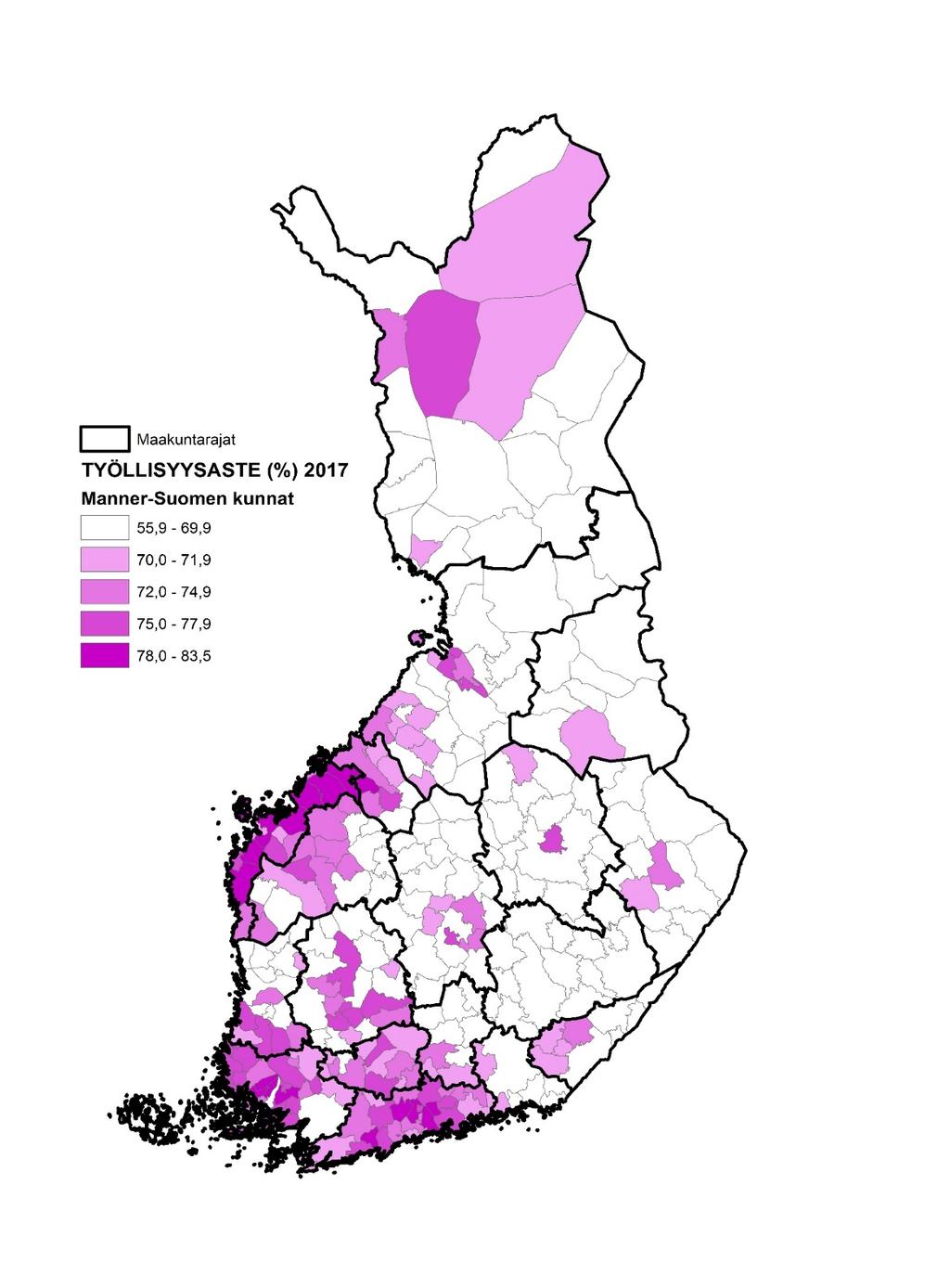 TYÖLLISYYSASTE (%) KUNNITTAIN VUONNA 2017* * Kyse on vuoden 2017 ennakkotiedoista.