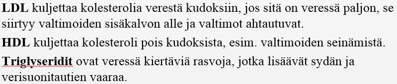 ja toiminnan säätely. Elimistö tarvitsee kolesterolia monien hormonien, D-vitamiinin ja sappihappojen tuotantoon.