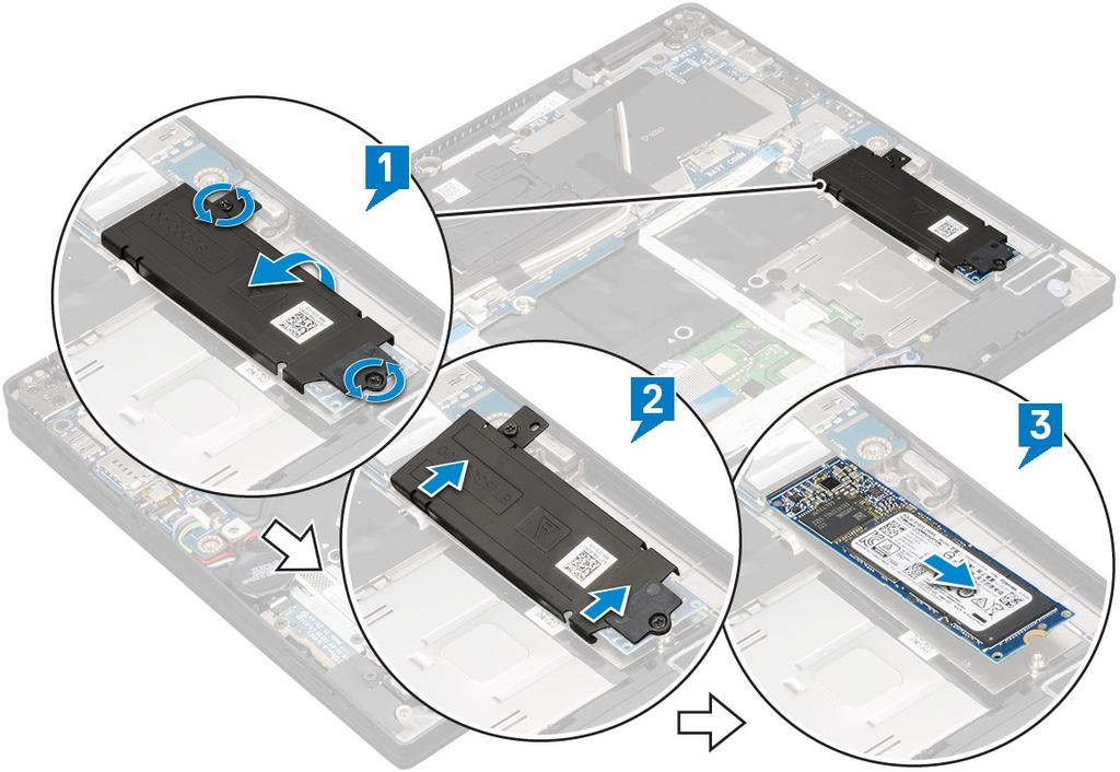 5. Noudata Tietokoneen sisällä työskentelyn jälkeen -kohdan ohjeita. PCIe-SSD PCIe SSD -kortin irrottaminen 1. Noudata Ennen kuin avaat tietokoneen kannen -kohdan menettelyä. 2.