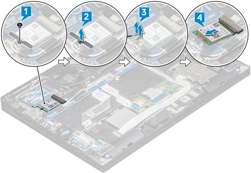 HUOMAUTUS Molempien korttien asentaminen (jos mukana): 5. Noudata Tietokoneen sisällä työskentelyn jälkeen -kohdan ohjeita. WLAN-kortti WLAN-kortin irrottaminen 1.