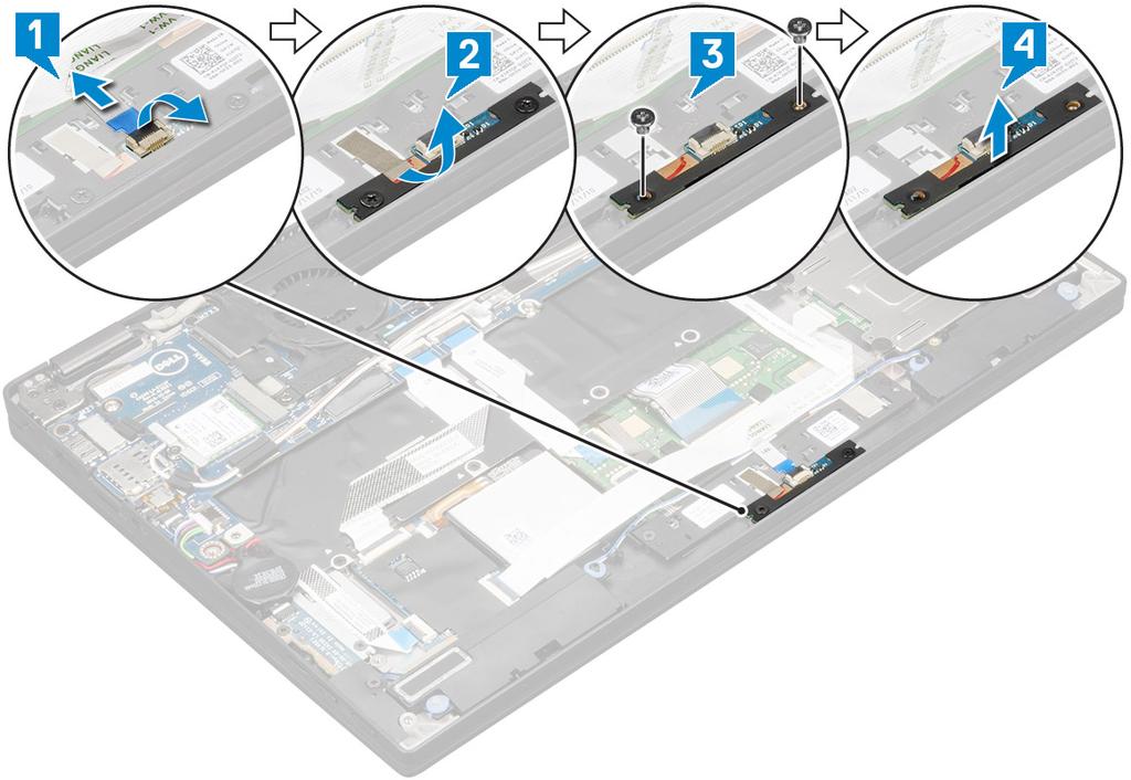 LED-kortti LED-kortin irrottaminen 1. Noudata Ennen kuin avaat tietokoneen kannen -kohdan menettelyä. 2.