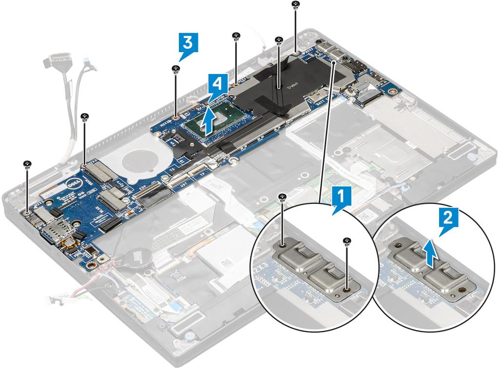 7. Emolevyn irrottaminen: a) Irrota 2 ruuvia (M 1.98 x 4), joilla USB Type-C -pidike on kiinnitetty [1]. b) Irrota USB Type-C -pidike Type-C-moduulista [2].