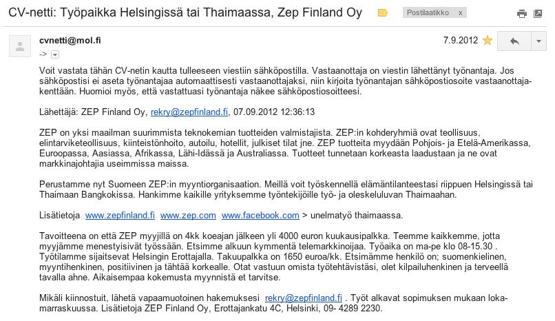 ILMOITUS TYÖVOIMAVIRANOMAISILLE