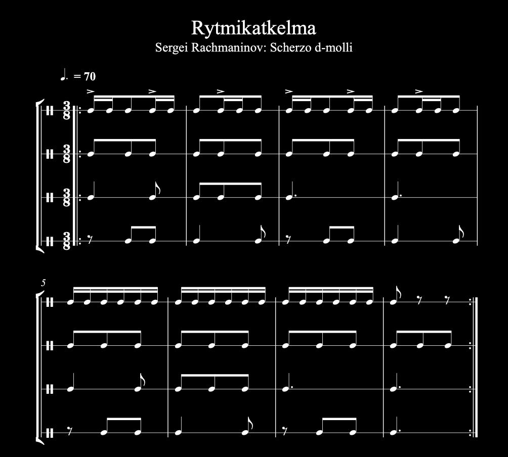 KUUNNELKAA TEHTÄVÄT 1 & 2 SERGEI RACHMANINOV: SCHERZO D-MOLLI TEHTÄVÄ 3 1 KARL-JOHANN ANKARBLOM: DJEFVULSDANSEN 3 Opetelkaa ryhmänne kanssa seuraava rytmikatkelma.