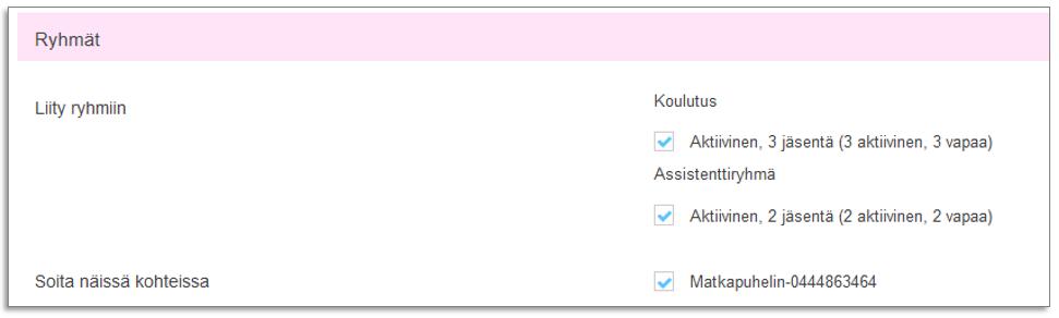 Liity ryhmiin -kohdassa on nähtävillä kaikki ne vastausryhmät ja päänumerot, joissa käyttäjä on jäsenenä. Ryhmien osalta on nähtävillä jäsenten kokonaismäärä sekä vapaiden jäsenten tilanne.