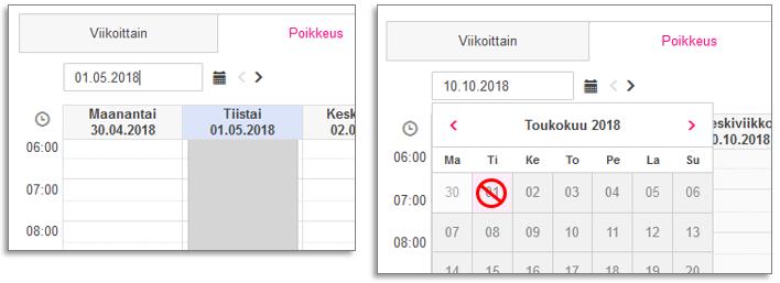 Mennyt ajankohta löytyy myös Kalenteri-ikonin kautta, mutta valinta on tällöin estetty.