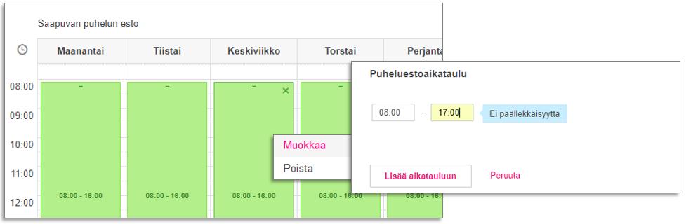 Napauttamalla hiiren oikealla painikkeella muokattavan päivämäärän kohdalla on valittavissa aukeavasta pikavalikosta Muokkaa. Muutetaan kellonaikaa ja napautetaan Lisää aikatauluun.