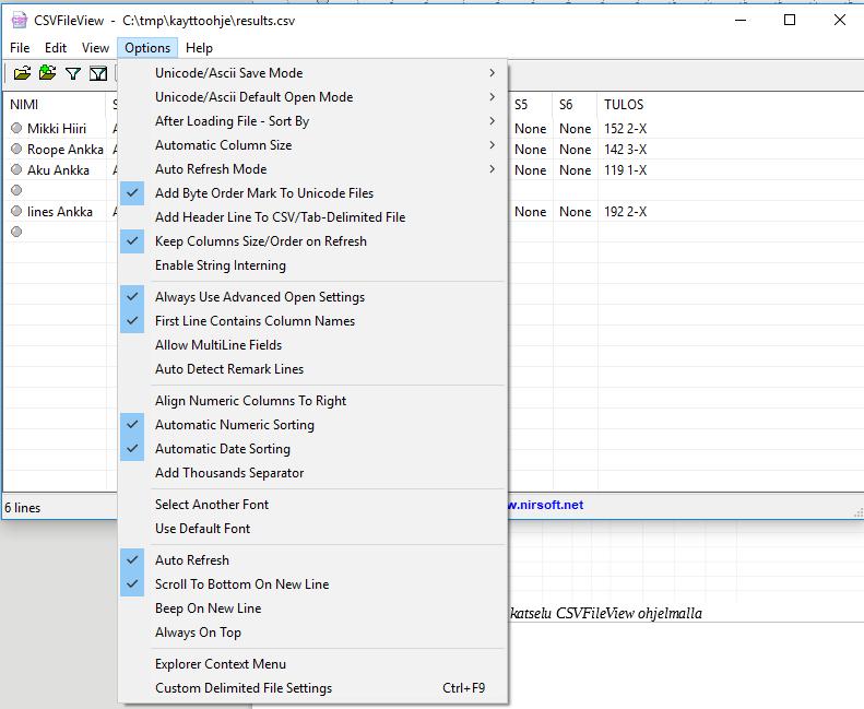 Kuva 13: CSVFileView ohjelman options valikko.