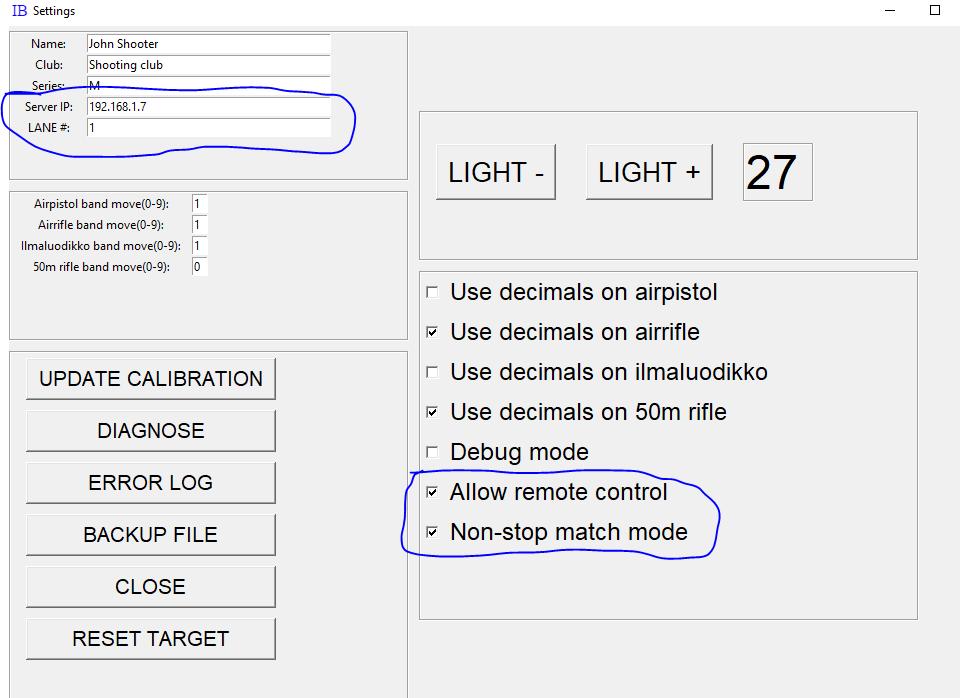 Käynnistä Inband Scoring (ampujan näyttö) ja avaa Settings ikkuna.