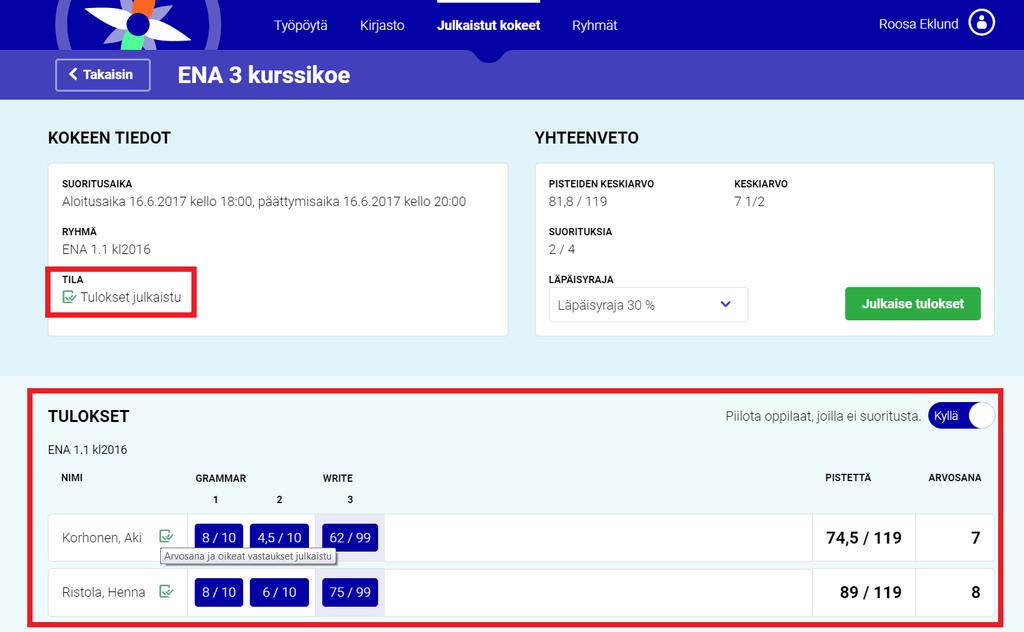 Vinkki: Mikäli julkaiset oppilaille oikeat vastaukset ja kommentit, voit myöhemmin julkaista tulokset uudelleen ja valita julkaistavaksi pelkät arvosanat ja pisteet.