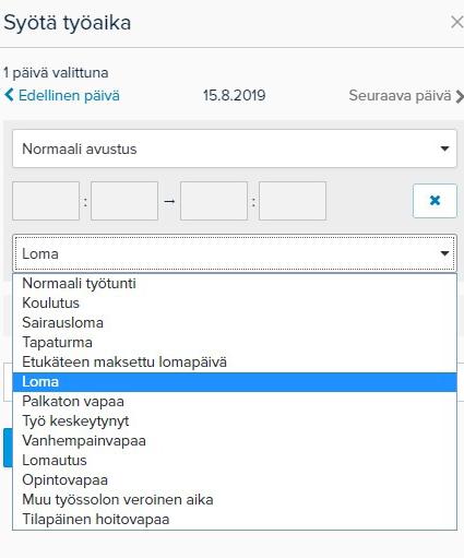 Lomapäivät Jos työntekijä pitää ansaittuja vuosilomapäiviä, valitaan alasvetovalikosta Loma halutuille päiville. Lomapäivät vähentävät lomapäiväsaldoa.