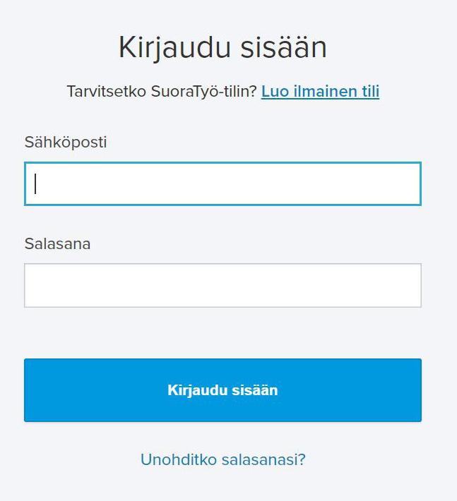 3. Kun kirjaudut palveluun seuraavan kerran, siirry osoitteeseen https://www.suoratyo.fi/. Suosittelemamme selaimet ovat Google Chrome ja Mozilla Firefox. Virallisesti tuemme kahta uusinta versiota.