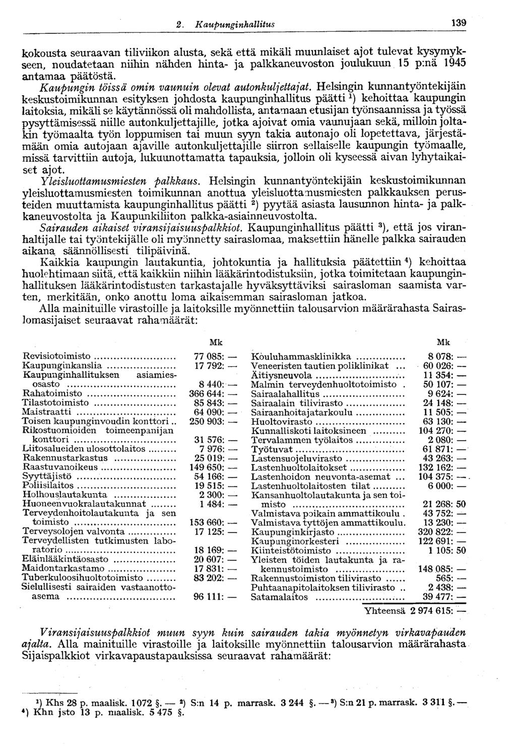 2. Kaupunginhallitus V 139 kokousta seuraavan tiliviikon alusta, sekä että mikäli muunlaiset ajot tulevat kysymykseen, noudatetaan niihin nähden hinta- ja palkkaneuvoston joulukuun 15 p:nä 1945