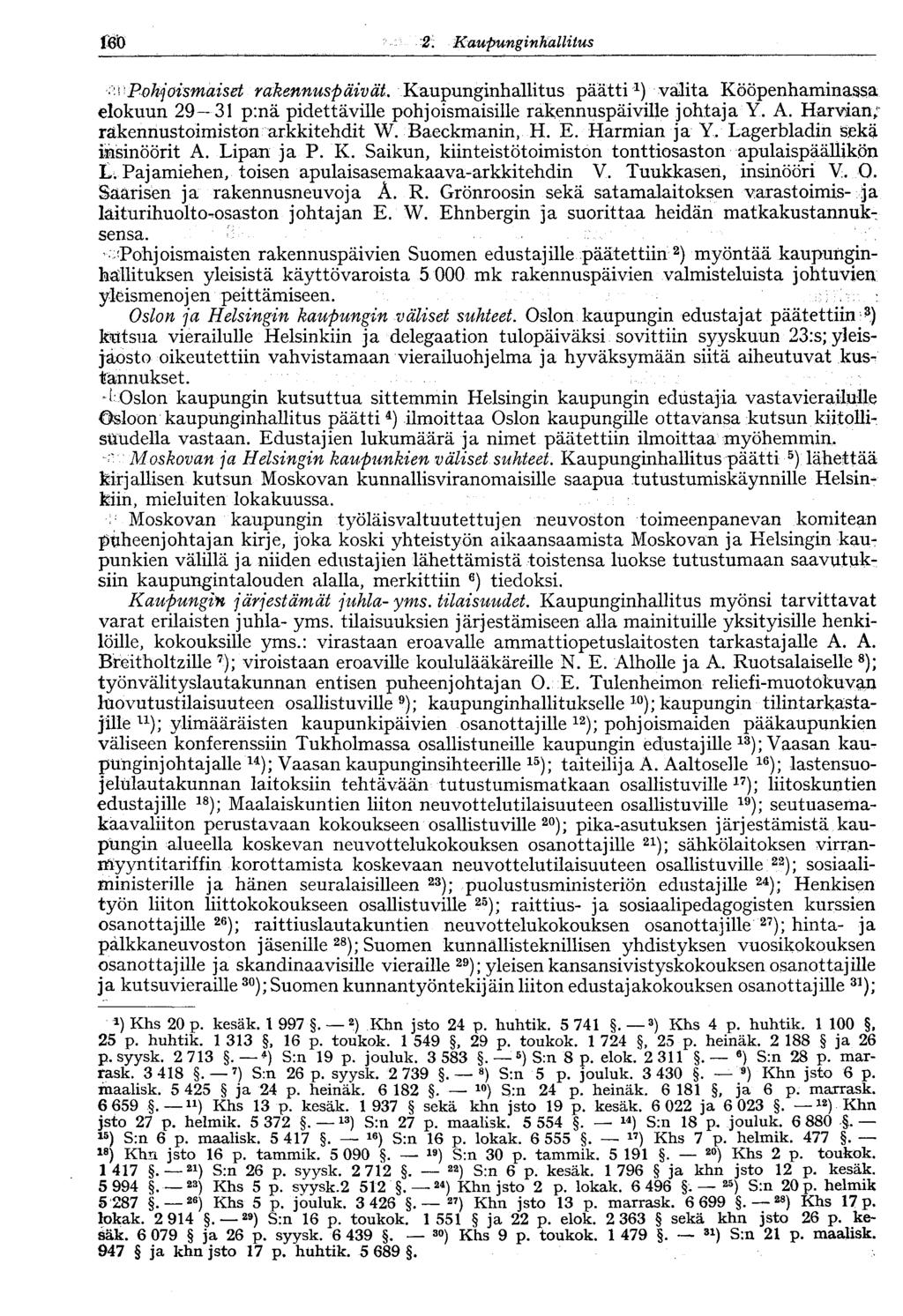 m 2. KaupunginhallitusV160 - ^Pohjoismaiset rakennus-päivät Kaupunginhallitus päätti a ) valita Kööpenhaminassa elokuun 29 31 p:nä pidettäville pohjoismaisille rakennuspäiville johtaja Y. A.