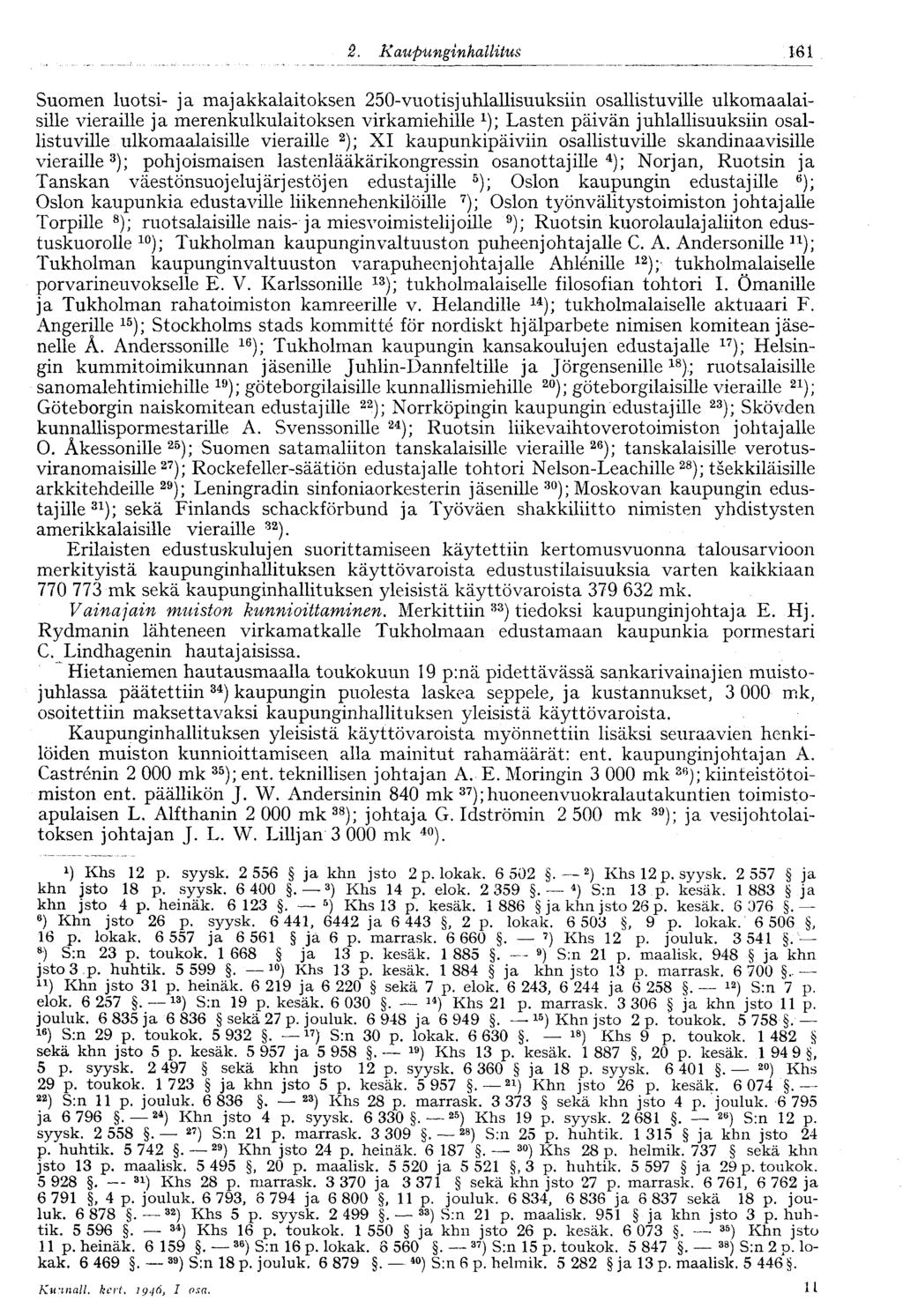 2. Kaupunginhallitus V 161 Suomen luotsi- ja majakkalaitoksen 250-vuotisjuhlallisuuksiin osallistuville ulkomaalaisille vieraille ja merenkulkulaitoksen virkamiehille Lasten päivän juhlallisuuksiin