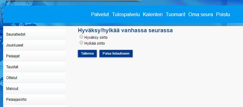 Viestin lähettäjän nimi on TorneoPal ja lähettäjän osoite on noreply@torneopal.fi. Pelaaja hyväksyy tai hylkää aloitetun siirron sähköpostissa olevan linkin kautta.