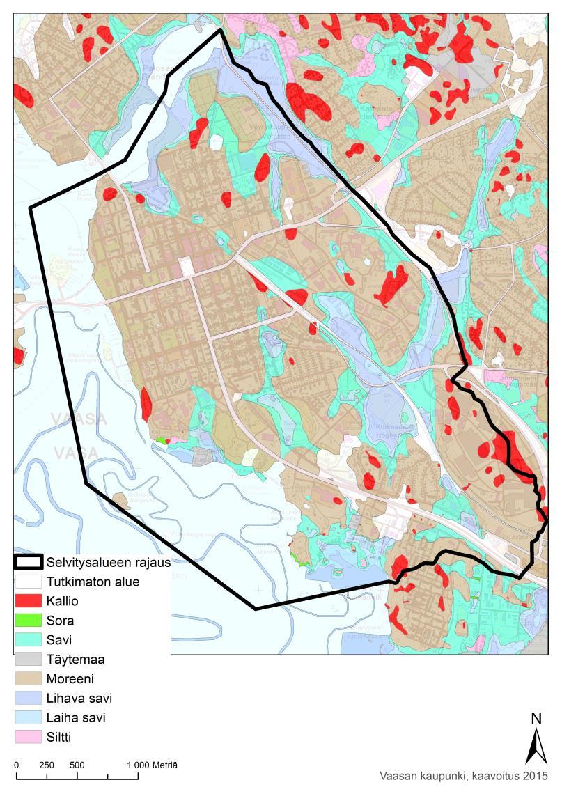 4.3 Selvitysalueen maaperä Vaasan kallioperä on pääasiassa Vaasan graniitiksi kutsuttua harmaata porfyyrigraniittia, jolle ovat tyypillisiä muodoltaan vaihtelevat, muutaman sentin mittaiset vaalean