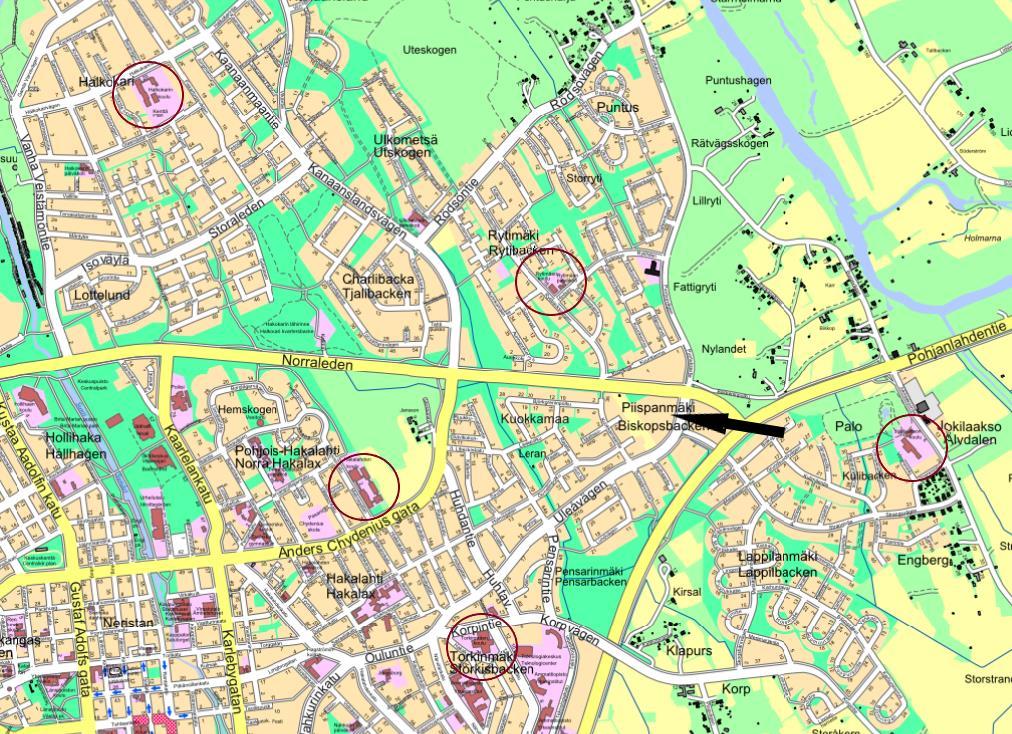 Kartta 1. Itäreitin nykyisten koulurakennusten sijainti ja Piispanmäen tontti 4 Oppilaaksiottoalueen palveluiden nykytilanne, oppilasennusteet ja palvelutarve 4.